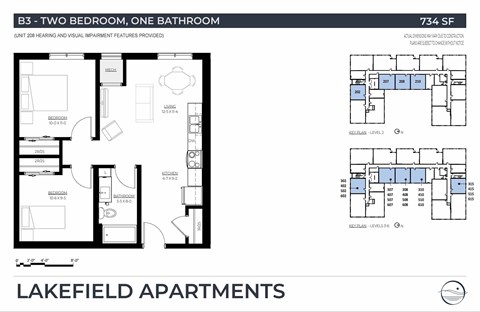 Floor plan for 2 beds, 1 bath, 734 sqft